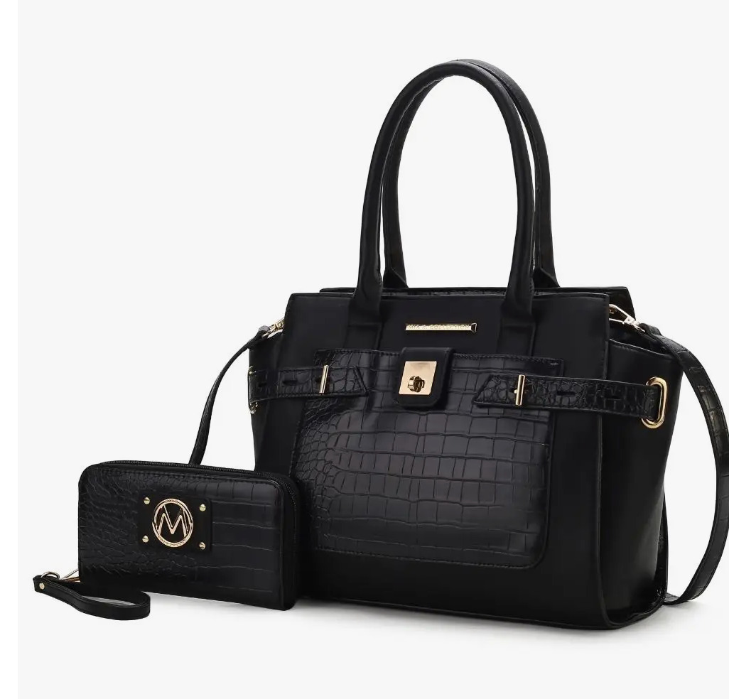 MFK Isla Crocodile Embossed Vegan Leather Handbag W/ Wallet/ Black