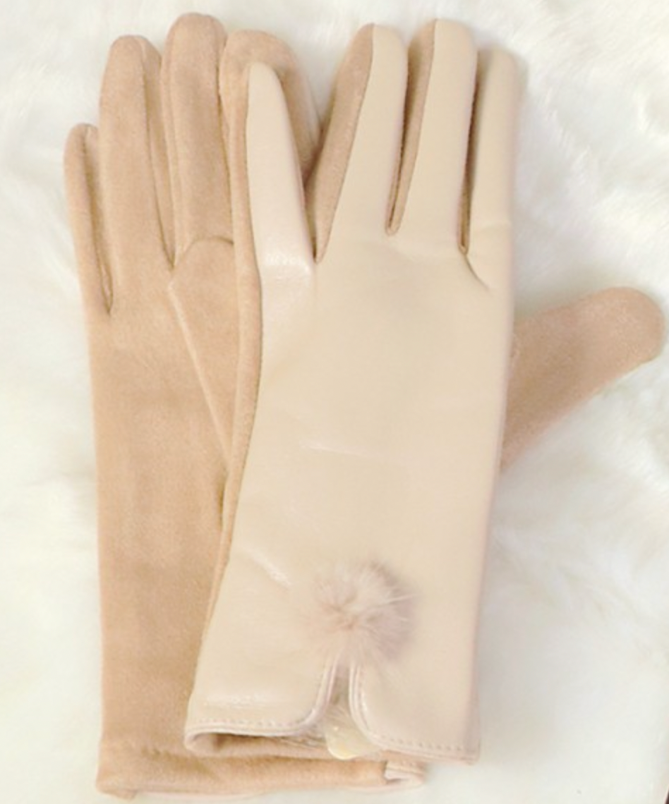 PU Touch Screen Gloves W/Pompom  /Pale Beige