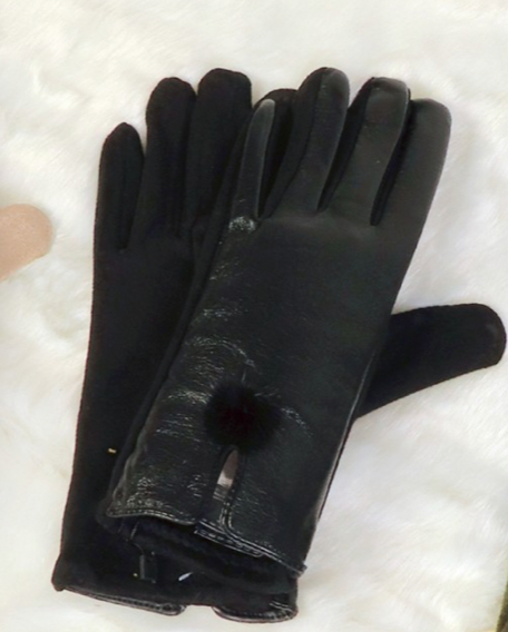 PU Touch Screen Gloves W/Pompom. Black