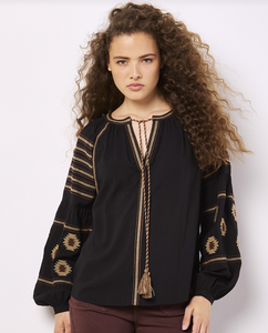 Apricot Aztec Embroidered Bell Balloon Sleeve Top.  949263