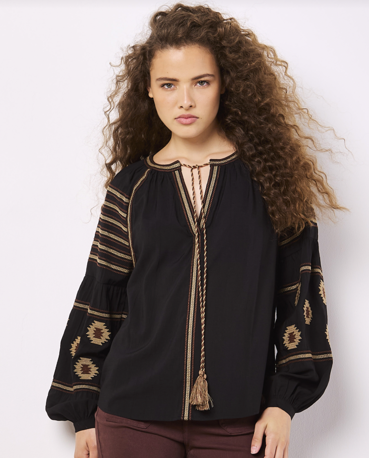 Apricot Aztec Embroidered Bell Balloon Sleeve Top.  949263