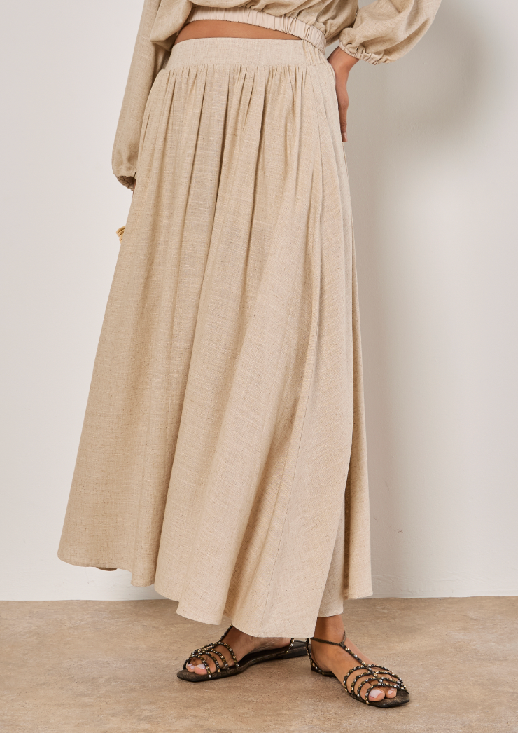 Apricot Linen Mix Gathered A-Line Skirt. 300