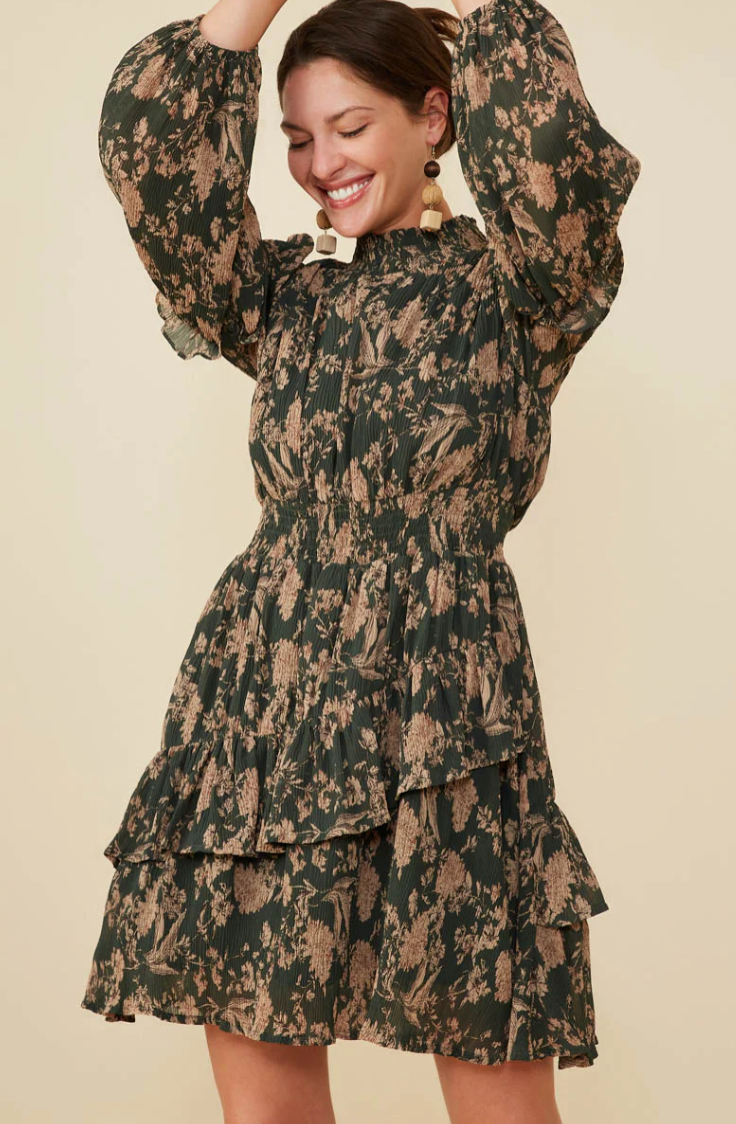 Hayden Womens Pleat Textured Antique Floral Ruffle Detail Dress. HY8898