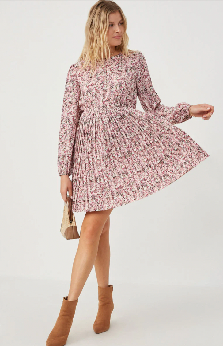Hayden Womens Ditsy Floral Long Sleeve Pleated Skirt Dress. HY6208