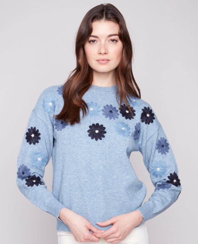 Charlie B Floral Embroidery Crew Neck Sweater. C2891/974A