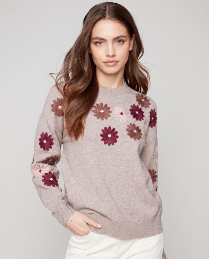 Charlie B Floral Embroidery Crew Neck Sweater. C2891/974A