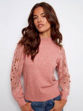 Load image into Gallery viewer, Charlie B Crochet Sleeve Mock Neck Sweater. C2865/736A

