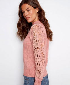 Charlie B Crochet Sleeve Mock Neck Sweater. C2865/736A