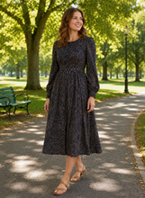Load image into Gallery viewer, Ell Midi Length Smocked Bodice Dress EE1104. Navy/Beige
