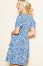 Load image into Gallery viewer, Ell Puff Sleeve Round Neck Smocked Dress W/ Pockets Blue
