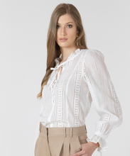 Load image into Gallery viewer, Black Tape Tie Cuff Lace Insert Blouse. 2723730
