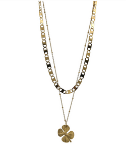 Stainless Steel Double Layered Necklace W/ Hanging Clover/ Gold/ 2153-G